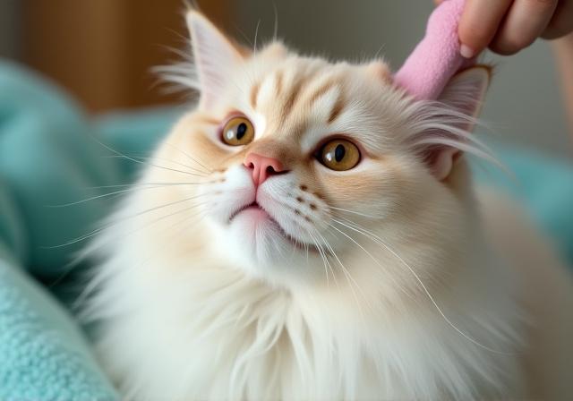A fluffy cat being gently blow-dried after a bath